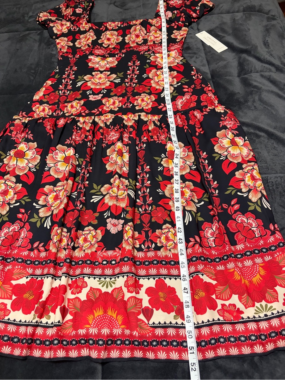 Adrianna Papell Red Floral Print Puff Sleeve Midi Dress - 14 - Picture 12 of 16